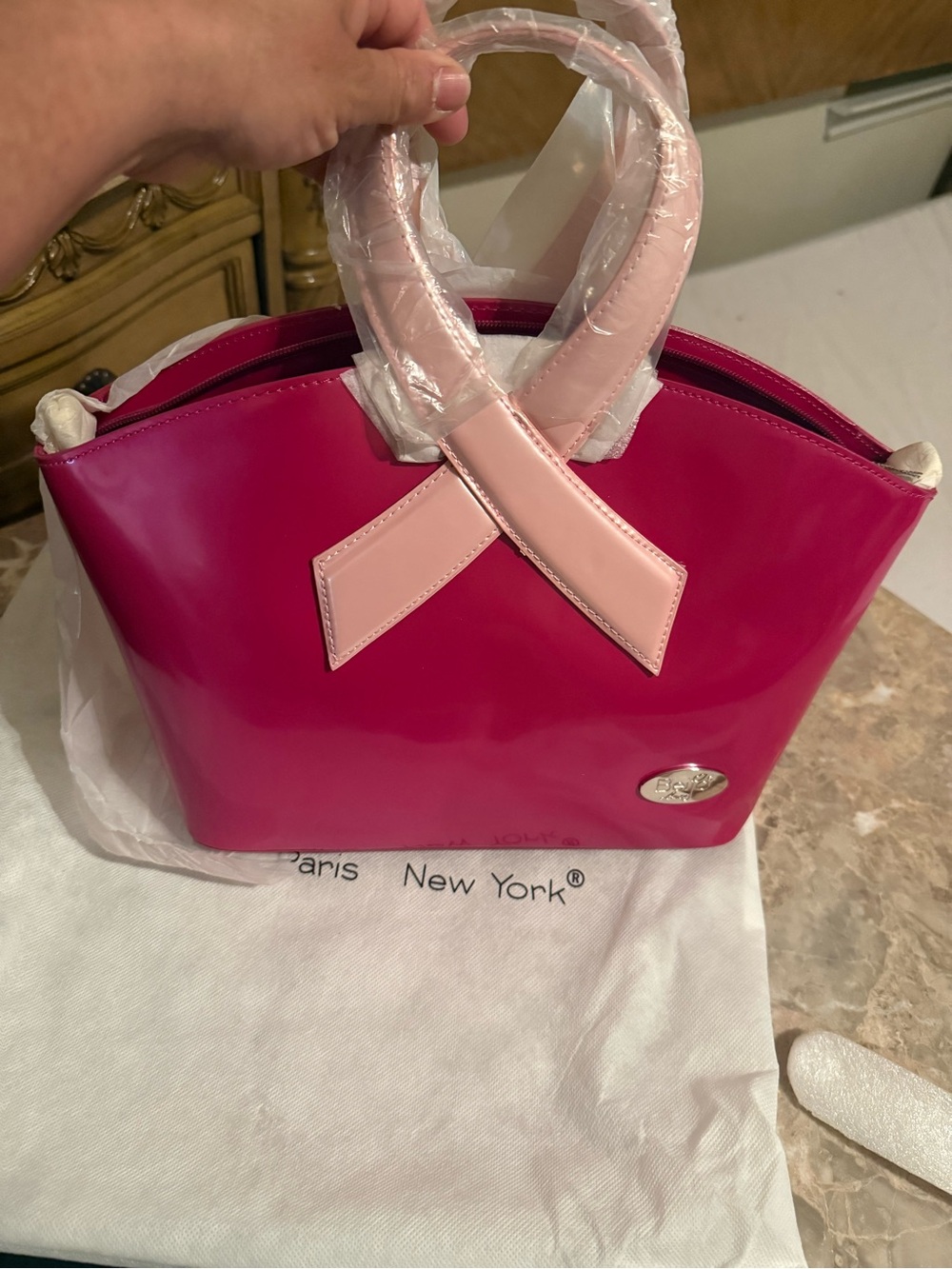 Women Bags Glossy Hot Pink Tote with Light Pink Handles